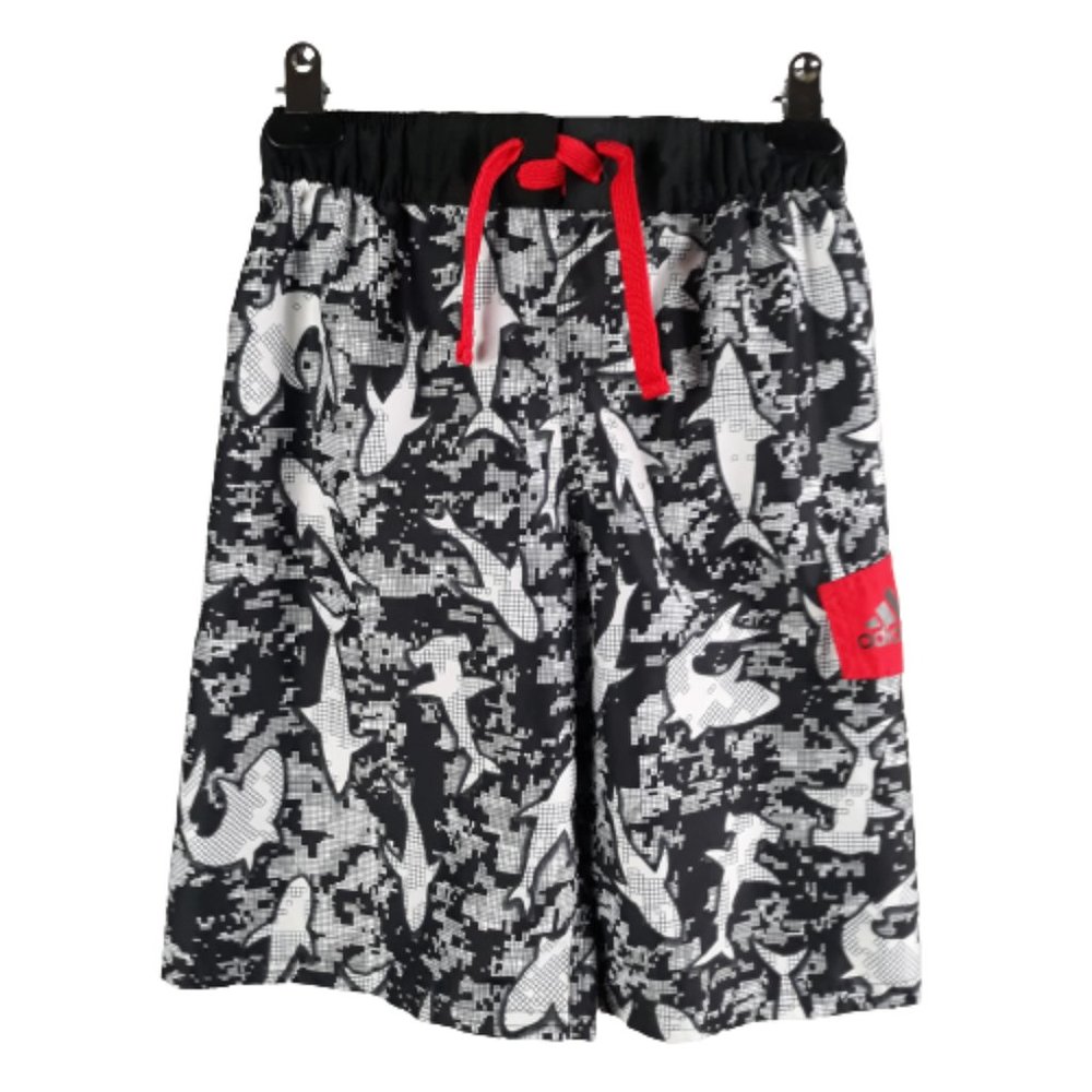 Adidas Boys Pull-On Board Shorts Swim Trunks w Cargo Pocket - Shark Print - M